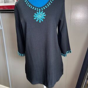 Quacker Factory Black Tunic with Turquoise Embellishments
